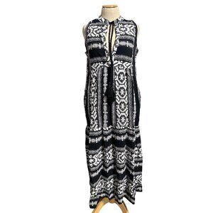 Elan Women's Sz S Sleeveless Boho Print Dress Tassel Tie Neckline 100% Cotton